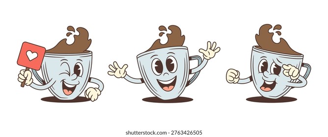 Set of three retro coffee cup cartoon characters. Includes winking with a heart icon, a welcoming wave, and a thinking pose. A cheerful mascot vector illustration for social media and cafes