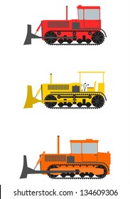 Set of three retro crawler bulldozer on a white background.