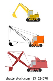 Set of three retro excavators on tracks on a white background.