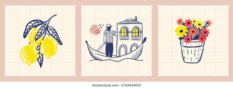 Set of three retro postage stamp with hand drawn colorful sketches of Italian lemons, Venetian gondola with house and potted flowers on grid background