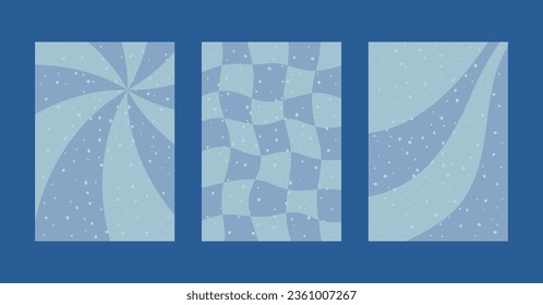 Set of three retro style groovy winter backgrounds. Blue winter vibe vector illustration bundle