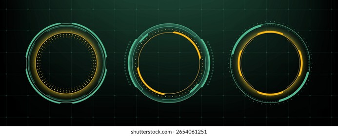 Conjunto de três elementos hud com estilo retrô para exibição de painel. Interface digital gráfica vetorial para o conceito de tecnologia futurista.
