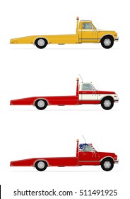 A set of three retro tow truck. Side view. Flat vector.