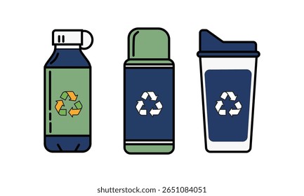 A set of three reusable bottles cups, each featuring a recycling symbol, promoting sustainability, eco-friendly habits, and reducing waste."