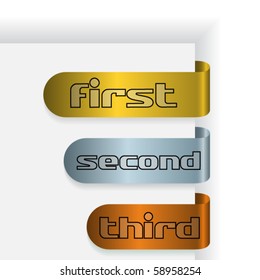 Set of three ribbon, with words: first, second and third