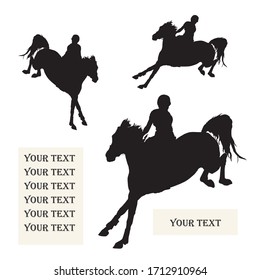 set three riders and a place for your text. rider jumping over an obstacle on a horse, isolated images, black silhouette on a white background, for decoration and design