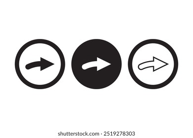 Set of three right-facing arrow icons inside circles, each with a unique style, displayed in black and white for clean, simple navigation symbols.