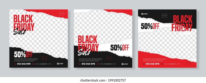 Juego de tres fondo de papel rasgado banner de venta de viernes negro planilla de paquete de medios sociales premium vector