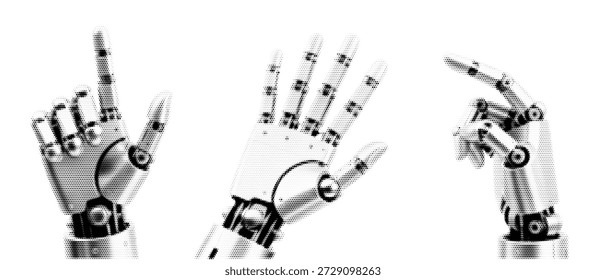 Set of Three Robotic Hands with Various Gestures in Monochrome Halftone Style for Tech and AI Concepts