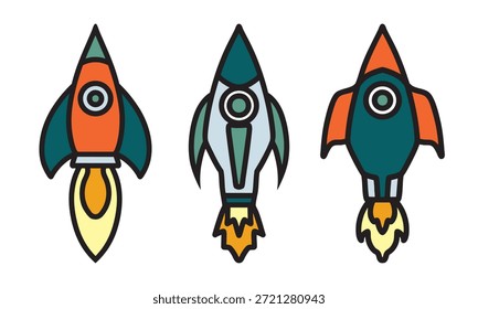 Un conjunto de tres cohetes que estallan en el espacio. Máquina de vuelo de dibujos animados coloridos, inicio, nave espacial, gestión. Ilustración vectorial de ícono de lanzamiento de cohete para Diseño web en estilo de color plano. EPS 10. Innovación, negocio, lanzamiento, creativo, tecnología, ilustración, transbordador, nave espacial, futuro, ciencia, llama, viaje, cohete, proyecto, espacio, dibujos animados.

