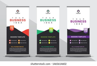 Set of three roll up banner template. Modern abstract color wave design composition with portrait presentation. Orange, green and purple color.