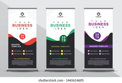 Set of three roll up banner template. Modern abstract color wave design composition with portrait presentation. Orange, green and purple color.