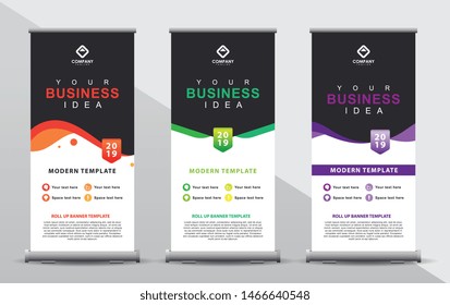 Set of three roll up banner template. Modern abstract color wave design composition with portrait presentation. Orange, green and purple color.