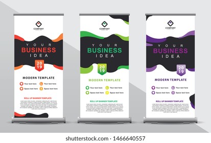 Set of three roll up banner template. Modern abstract color wave design composition with portrait presentation. Orange, green and purple color.