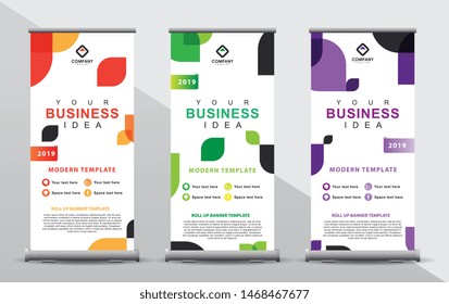 Set of three roll up banner template. Modern abstract color wave design composition with portrait presentation. Orange, green and purple color.