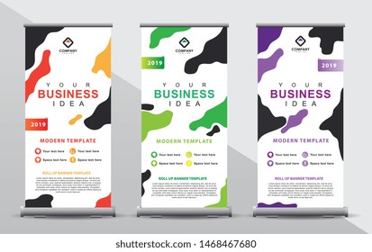 Set of three roll up banner template. Modern abstract color wave design composition with portrait presentation. Orange, green and purple color.