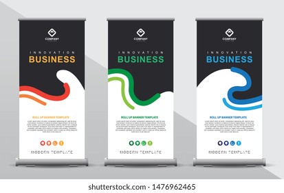 Set of three roll up banner template. Modern abstract color wave design composition with portrait presentation. Orange, green and blue color.