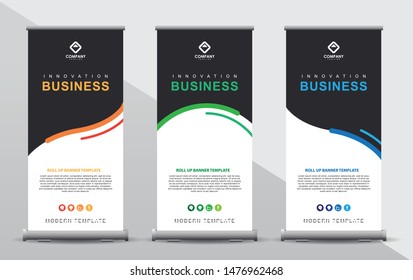 Set of three roll up banner template. Modern abstract color wave design composition with portrait presentation. Orange, green and blue color.
