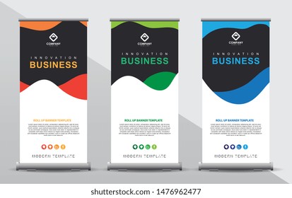 Set of three roll up banner template. Modern abstract color wave design composition with portrait presentation. Orange, green and blue color.
