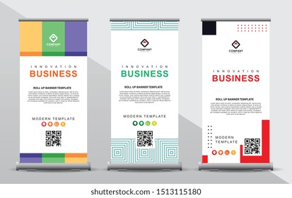 Set of three roll up banner template. Modern abstract color geometric design composition with portrait presentation. 