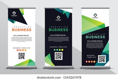 Set of three roll up banner template. Modern abstract green color gradient design composition with portrait presentation. 