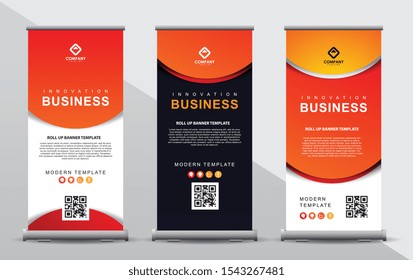 Set of three roll up banner template. Modern abstract orange color 3D design composition with portrait presentation.