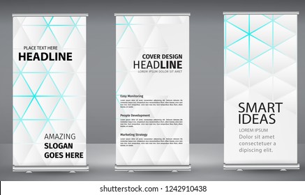 Set three Roll up banner white geometric standee business brochure template design. Vertical Abstract blue geometric texture background Can be adapt to Brochure, Report, Magazine, Poster.