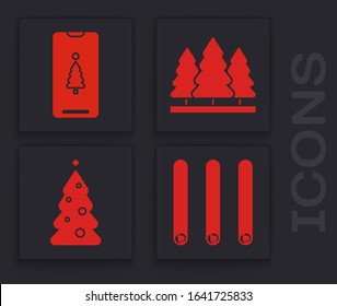 Set Three rolled sticks of cinnamon, Smartphone with gift box, Christmas trees and Christmas tree with decorations icon. Vector