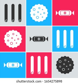 Set Three rolled sticks of cinnamon, Cookie or biscuit with chocolate and Candy icon. Vector