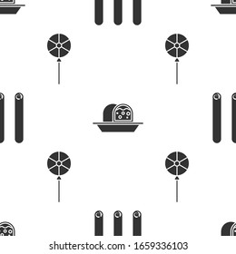 Set Three rolled sticks of cinnamon, Marzipan sponge cake and Lollipop on seamless pattern. Vector