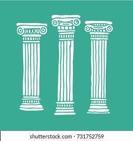 Set of three roman and greek hand painted stylized antique columns. Vector illustration. Isolated