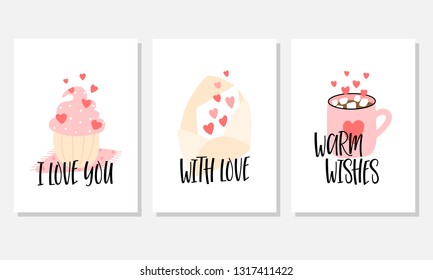 Set with three romantic greeting cards in cartoon style. Vector illustration.