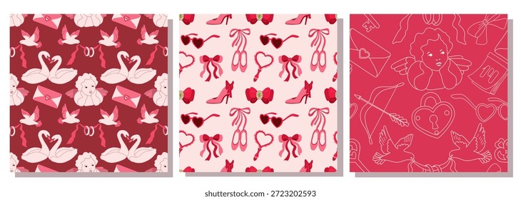 Um conjunto de três pôsteres românticos do Dia dos Namorados em tons de rosa. Apresenta um anjo, pombas com alianças de casamento e cisnes. Perfeito para impressão, mídia social e decoração.