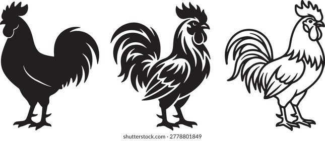 Set of three rooster silhouettes featuring detailed feathering isolated on a clean white background.