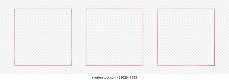 Conjunto de tres cuadros cuadrados de oro rosa brillando aislados en un fondo transparente. Marco brillante con efectos brillantes. Ilustración del vector