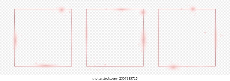 Conjunto de tres cuadros cuadrados de oro rosa brillando aislados en un fondo transparente. Marco brillante con efectos brillantes. Ilustración del vector