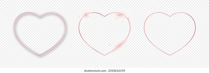 Set of three rose gold glowing heart shapes isolated on transparent background. Shiny frame with glowing effects. Vector illustration