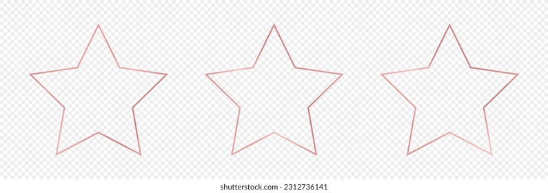 Set of three rose gold glowing star shape frames isolated on transparent background. Shiny frame with glowing effects. Vector illustration