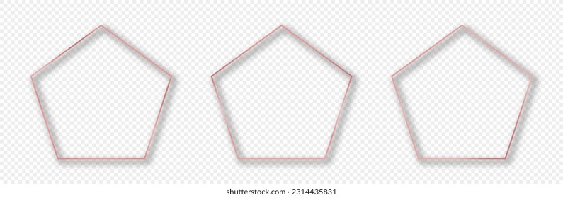 Set of three rose gold glowing pentagon shape frames isolated on transparent background. Shiny frame with glowing effects. Vector illustration
