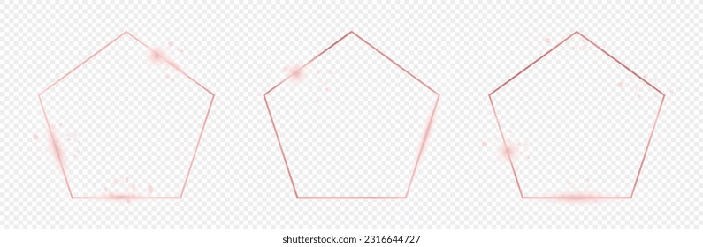 Set of three rose gold glowing pentagon shape frames isolated on transparent background. Shiny frame with glowing effects. Vector illustration