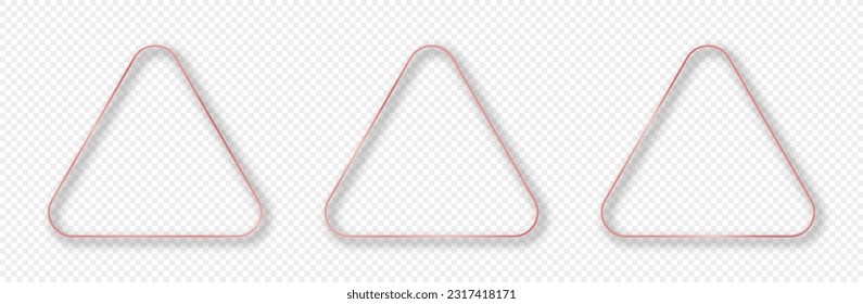 Set of three rose gold glowing rounded triangle frames isolated on transparent background. Shiny frame with glowing effects. Vector illustration