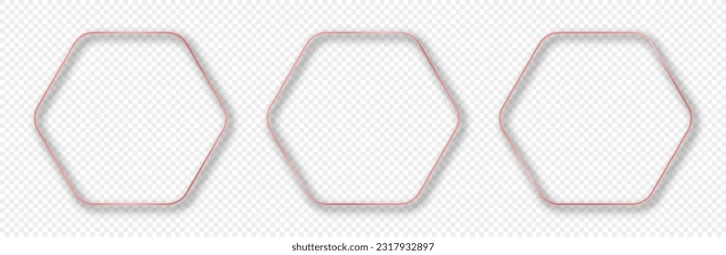 Conjunto de tres marcos hexagonales redondeados de oro rosa aislados sobre fondo transparente. Marco brillante con efectos brillantes. Ilustración del vector