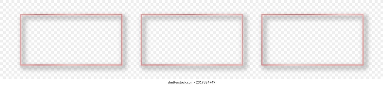 Set of three rose gold glowing rectangular shape frames isolated on transparent background. Shiny frame with glowing effects. Vector illustration