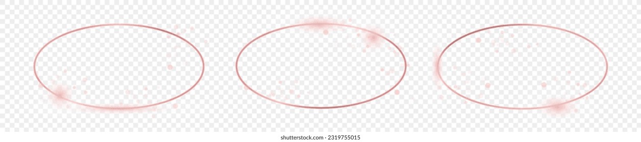 Set of three rose gold glowing oval shape frames isolated on transparent background. Shiny frame with glowing effects. Vector illustration