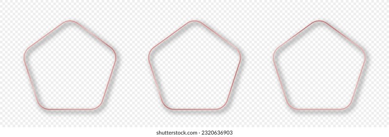 Conjunto de tres marcos de forma de pentágono redondeados de oro rosa aislados sobre fondo transparente. Marco brillante con efectos brillantes. Ilustración del vector