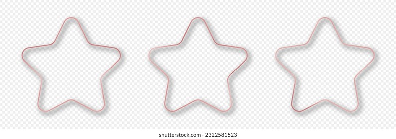 Conjunto de tres marcos de forma de estrella redondeados de color oro rosa aislados sobre fondo transparente. Marco brillante con efectos brillantes. Ilustración del vector