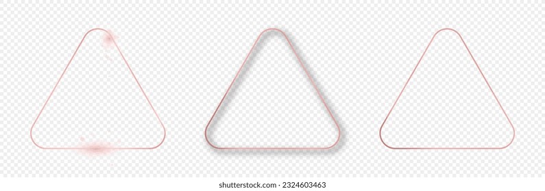 Set of three rose gold glowing rounded triangle frames isolated on transparent background. Shiny frame with glowing effects. Vector illustration