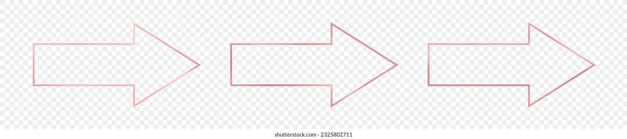 Conjunto de tres marcos de flecha dorados rosados con forma de flecha aislados en fondo transparente. Marco brillante con efectos brillantes. Ilustración del vector
