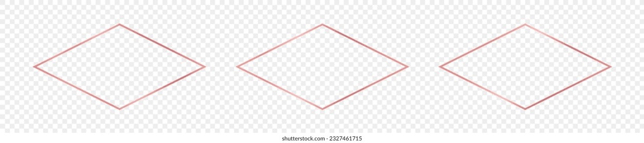 Set of three rose gold glowing rhombus  shape frames isolated on transparent background. Shiny frame with glowing effects. Vector illustration