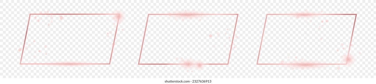 Conjunto de tres cuadros rectangulares de forma dorados rosados que brillan sobre fondo transparente. Marco brillante con efectos brillantes. Ilustración del vector